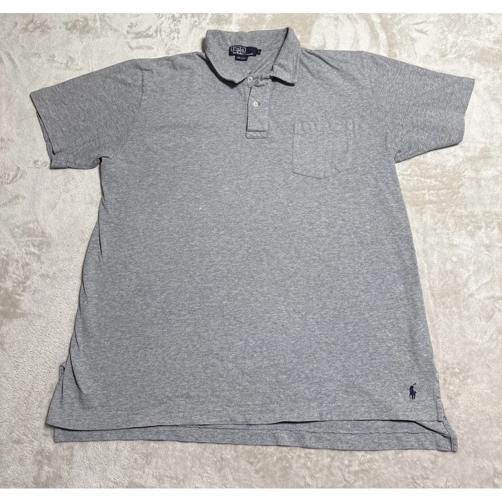 Vintage Polo Ralph Lauren Shirt Men's Large Gray Pocket Tail Blue Pony Logo